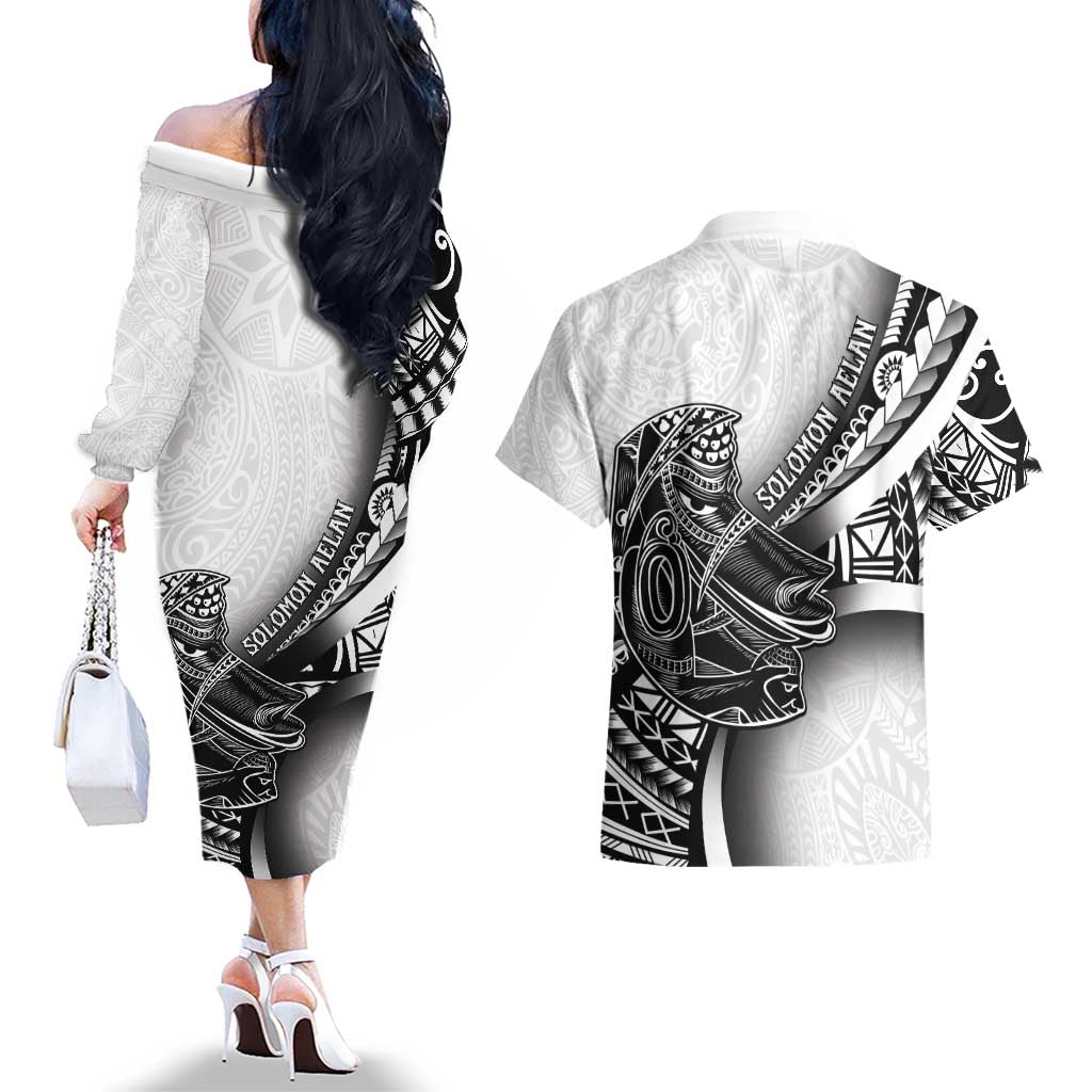 Solomon Islands Nguzunguzu Couples Matching Off The Shoulder Long Sleeve Dress and Hawaiian Shirt Polynesian Tribal Pattern