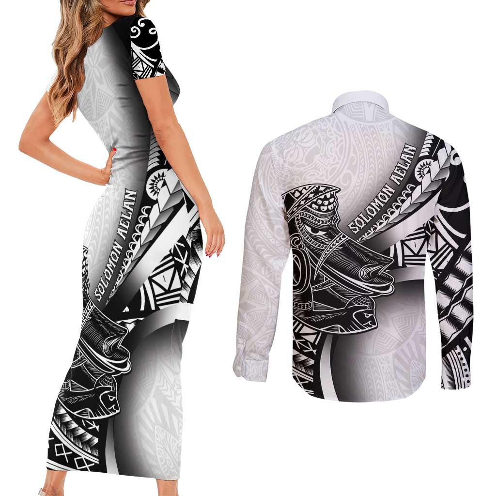 Solomon Islands Nguzunguzu Couples Matching Short Sleeve Bodycon Dress and Long Sleeve Button Shirt Polynesian Tribal Pattern