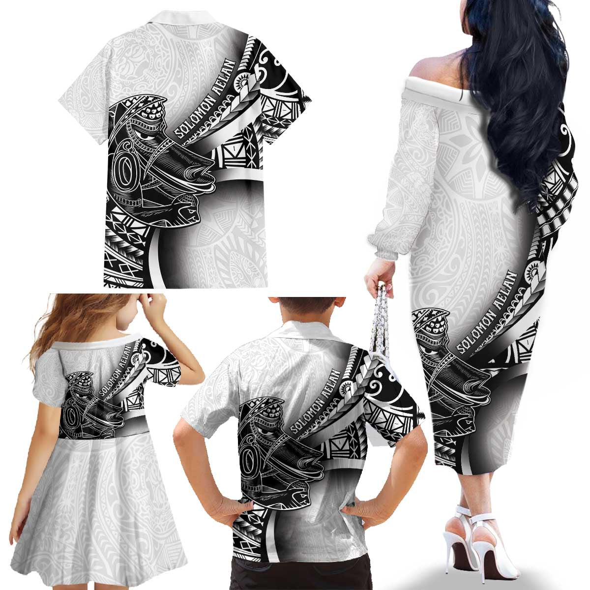 Solomon Islands Nguzunguzu Family Matching Off The Shoulder Long Sleeve Dress and Hawaiian Shirt Polynesian Tribal Pattern