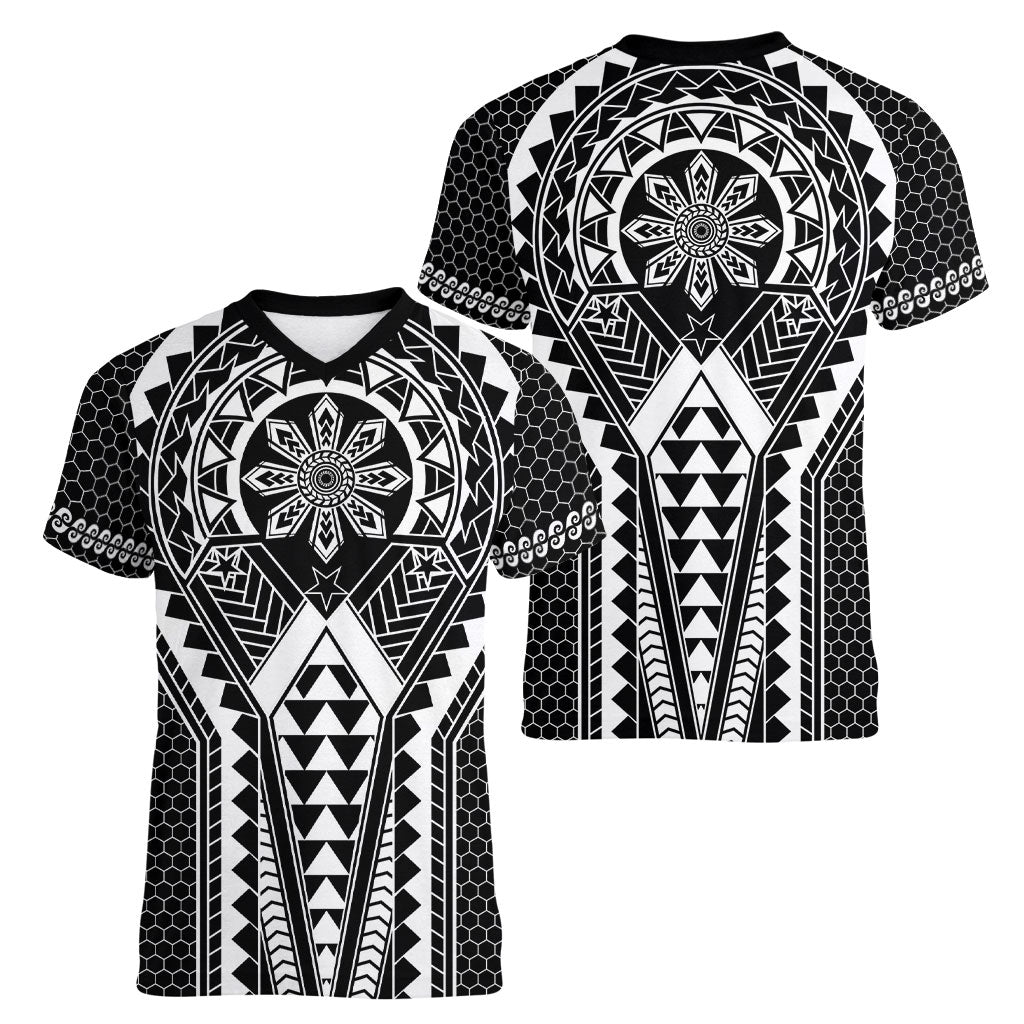 Philippines Batok Tribal Inspired Tattoo Black Women V-Neck T-Shirt LT05 - Polynesian Pride