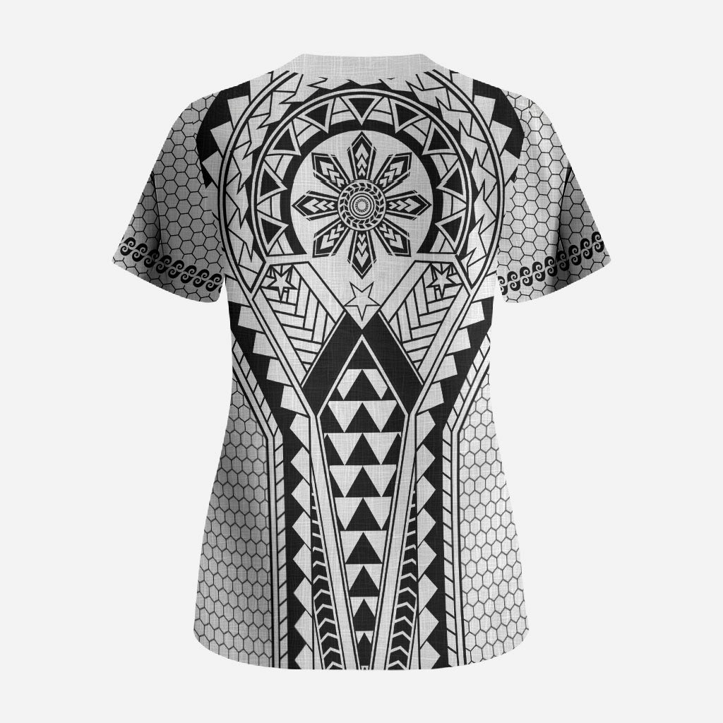 Philippines Batok Tribal Inspired Tattoo White Scrub Top LT05 - Polynesian Pride