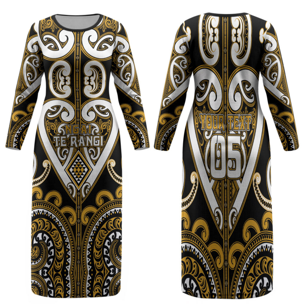 Custom Aotearoa Ngai Te Rangi Family Matching Long Sleeve Bodycon Dress and Hawaiian Shirt Maori Tribal Pattern LT05 Mom's Dress Gold - Polynesian Pride