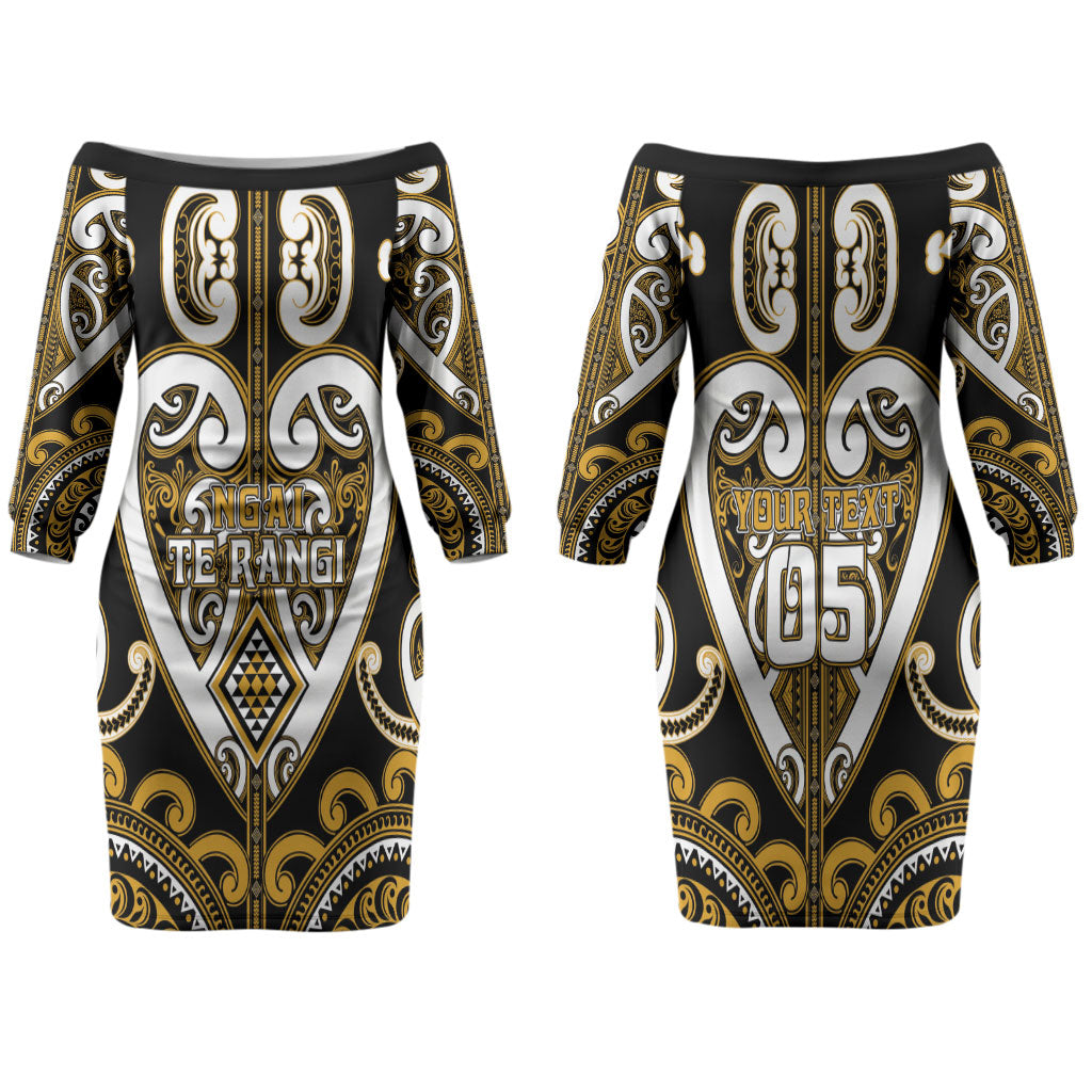 Custom Aotearoa Ngai Te Rangi Family Matching Off The Shoulder Long Sleeve Dress and Hawaiian Shirt Maori Tribal Pattern LT05 Mom's Dress Gold - Polynesian Pride