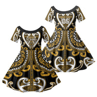 Custom Aotearoa Ngai Te Rangi Family Matching Off Shoulder Maxi Dress and Hawaiian Shirt Maori Tribal Pattern LT05 Daughter's Dress Gold - Polynesian Pride