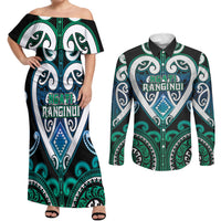Custom Aotearoa Ngati Ranginui Couples Matching Off Shoulder Maxi Dress and Long Sleeve Button Shirt Maori Tribal Pattern LT05 Cyan - Polynesian Pride