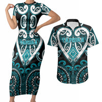 Custom Aotearoa Tapuika Couples Matching Short Sleeve Bodycon Dress and Hawaiian Shirt Maori Tribal Pattern LT05 Teal - Polynesian Pride