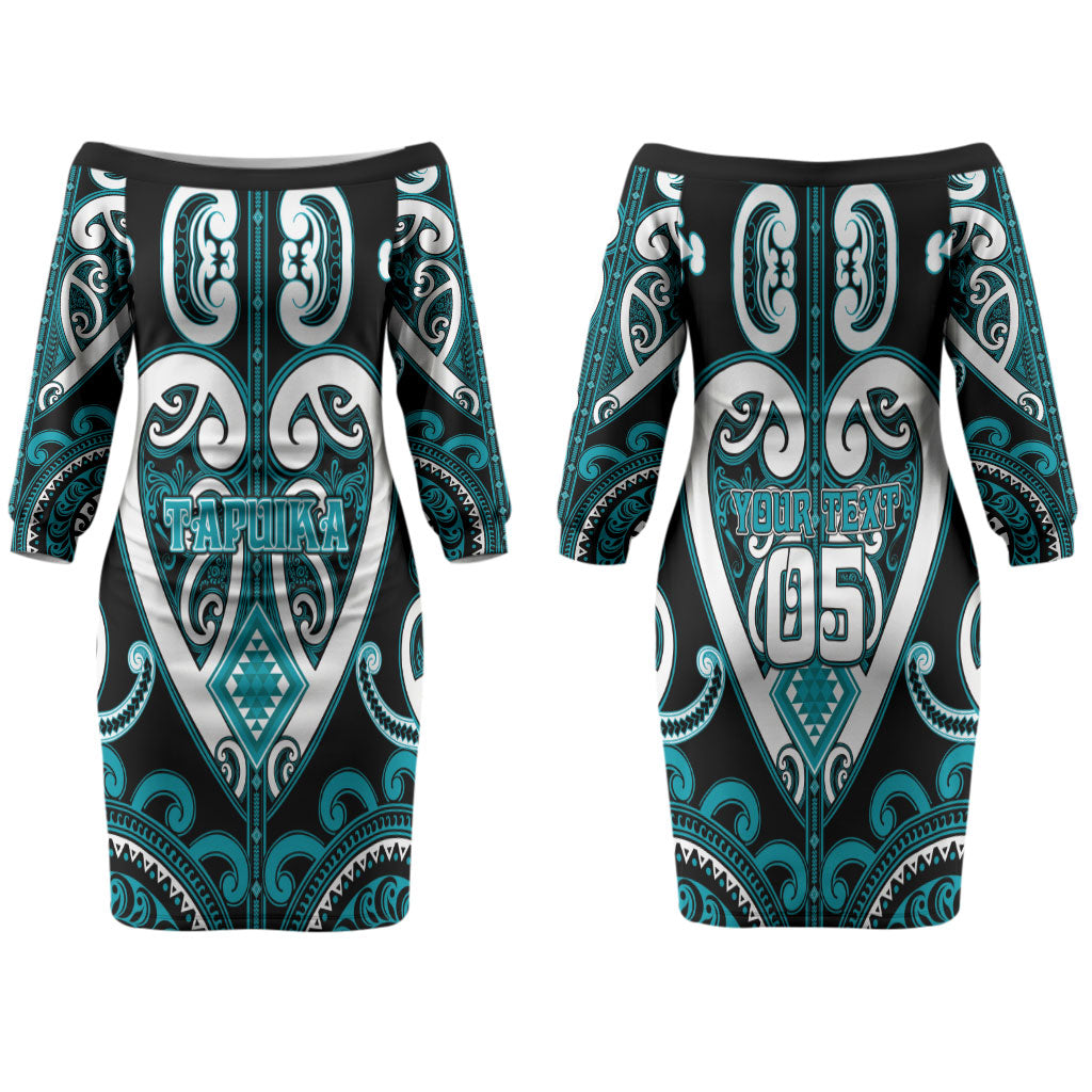 Custom Aotearoa Tapuika Family Matching Off The Shoulder Long Sleeve Dress and Hawaiian Shirt Maori Tribal Pattern LT05 Mom's Dress Teal - Polynesian Pride