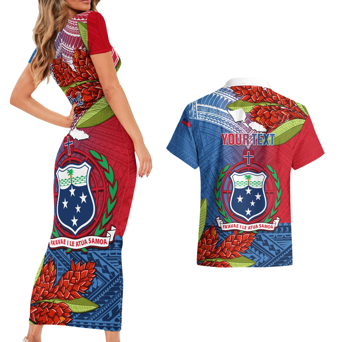 Personalized Samoa Couples Matching Short Sleeve Bodycon Dress and Hawaiian Shirt Teuila Torch Ginger Mix Polynesian Tribal LT05 - Polynesian Pride