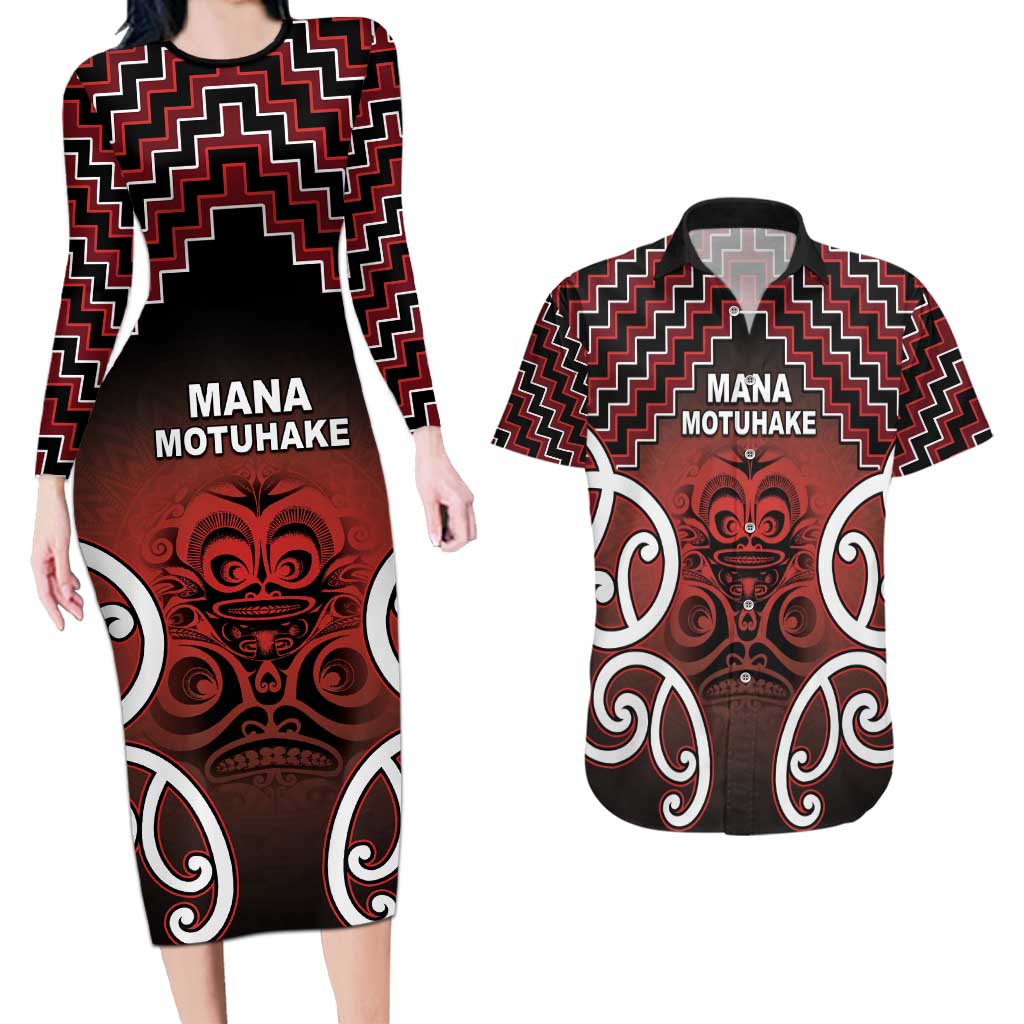 Personalised Aotearoa Mana Motuhake Couples Matching Long Sleeve Bodycon Dress and Hawaiian Shirt Poutama With Maori Pattern - Polynesian Pride