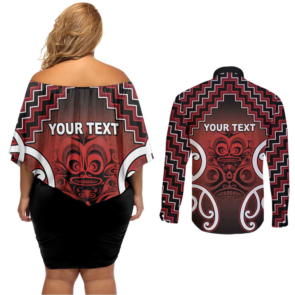 Personalised Aotearoa Mana Motuhake Couples Matching Off Shoulder Short Dress and Long Sleeve Button Shirt Poutama With Maori Pattern - Polynesian Pride