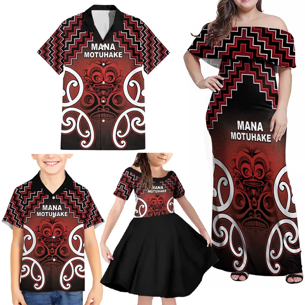 Personalised Aotearoa Mana Motuhake Family Matching Off Shoulder Maxi Dress and Hawaiian Shirt Poutama With Maori Pattern - Polynesian Pride