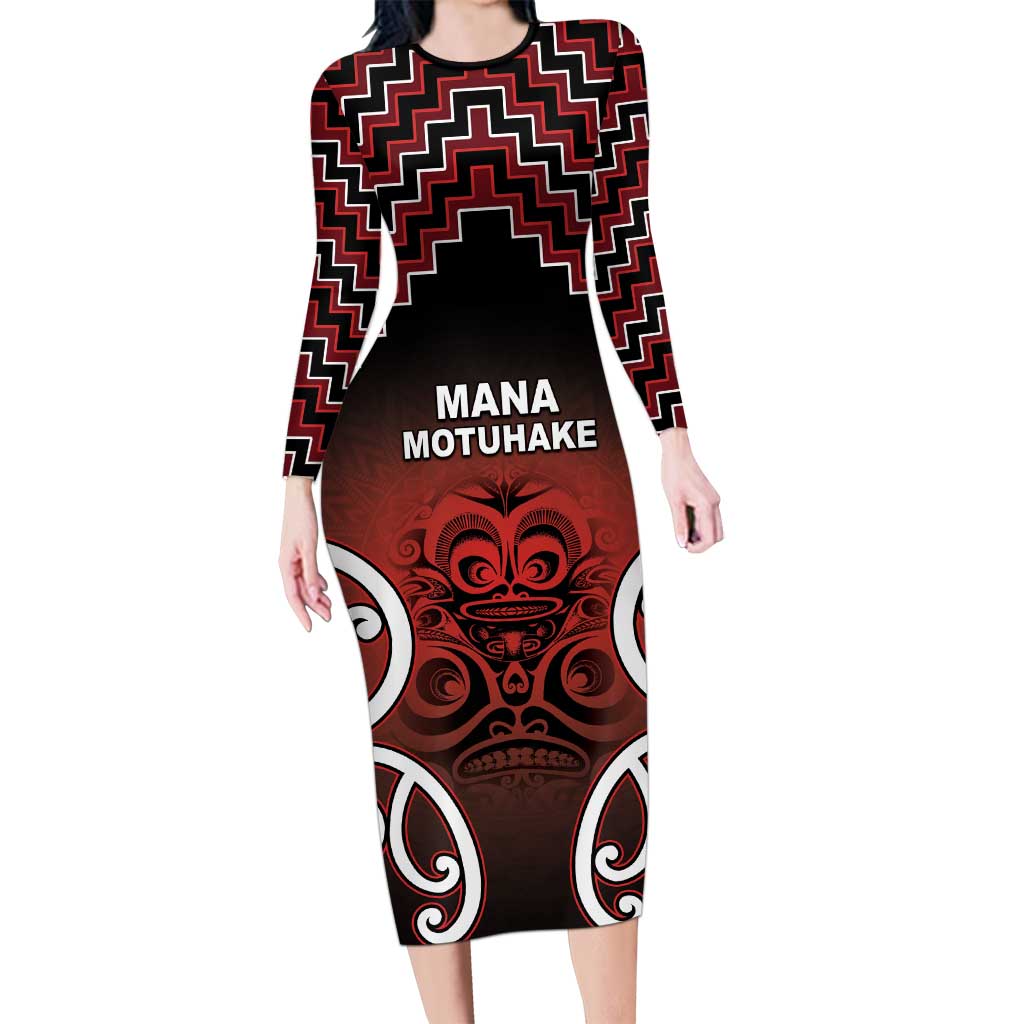 Personalised Aotearoa Mana Motuhake Long Sleeve Bodycon Dress Poutama With Maori Pattern - Polynesian Pride