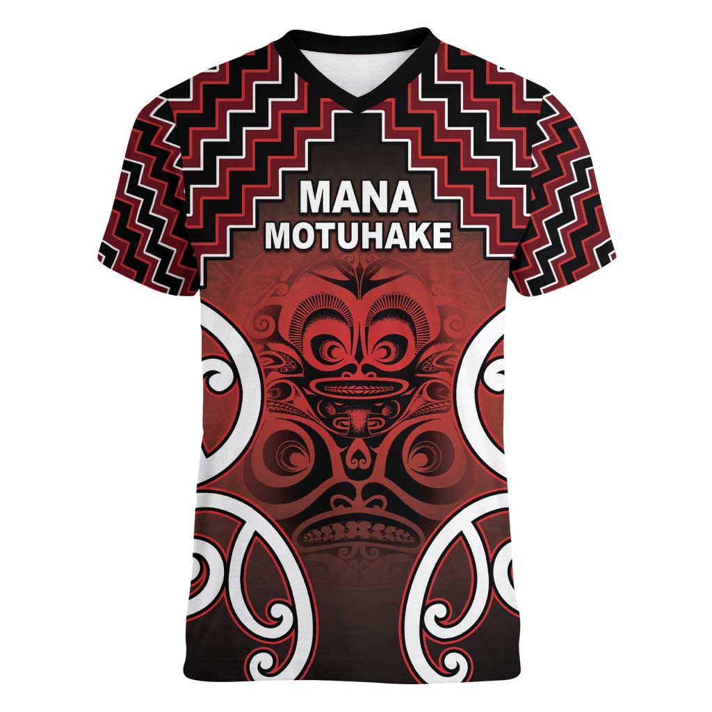 Personalised Aotearoa Mana Motuhake Women V-Neck T-Shirt Poutama With Maori Pattern - Polynesian Pride
