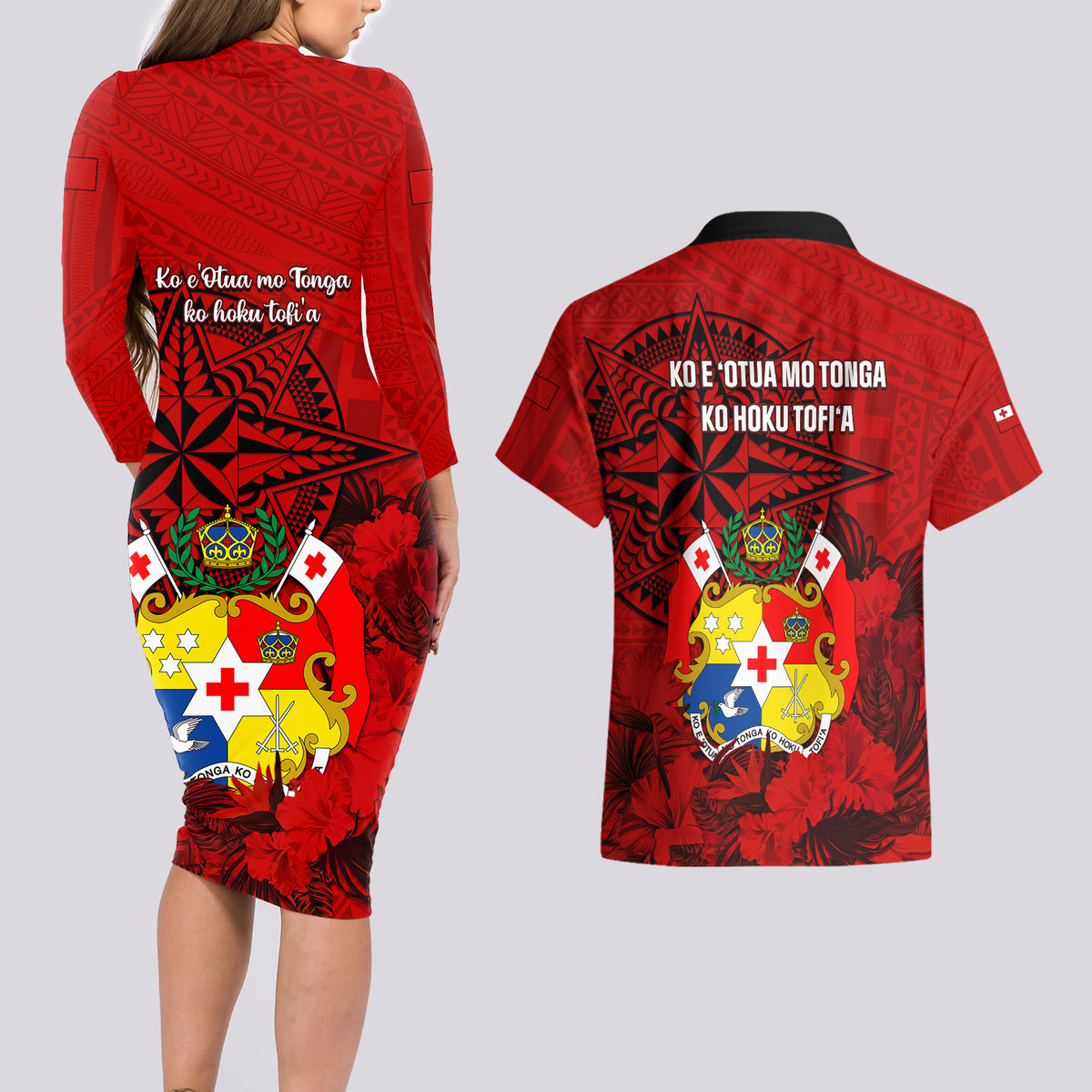 tonga-king-tupou-i-day-couples-matching-long-sleeve-bodycon-dress-and-hawaiian-shirt-tropical-flowers-with-ngatu-pattern