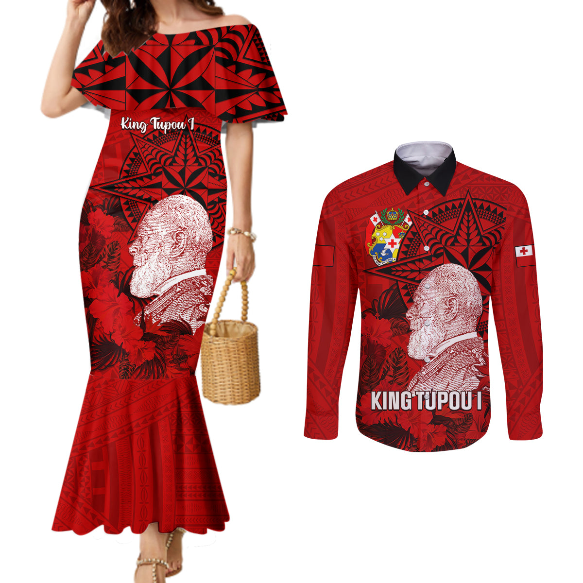 tonga-king-tupou-i-day-couples-matching-mermaid-dress-and-long-sleeve-button-shirts-tropical-flowers-with-ngatu-pattern