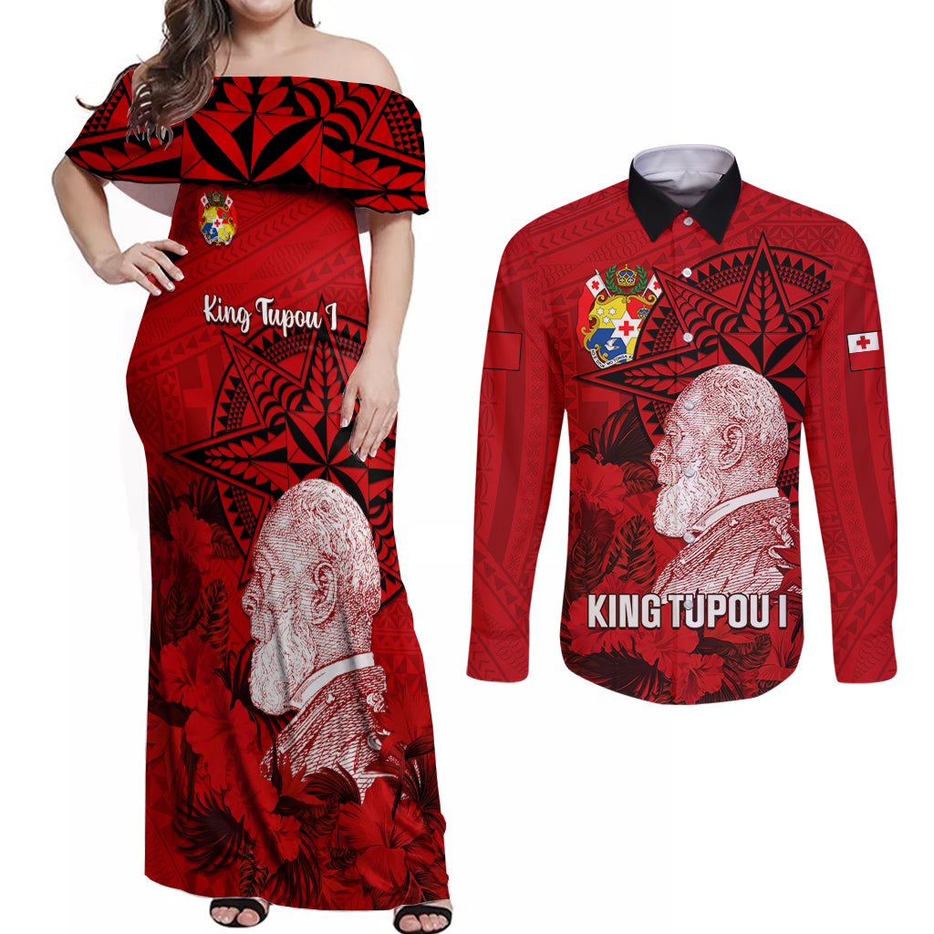 Tonga King Tupou I Day Couples Matching Off Shoulder Maxi Dress and Long Sleeve Button Shirts Tropical Flowers With Ngatu Pattern LT05 Red - Polynesian Pride