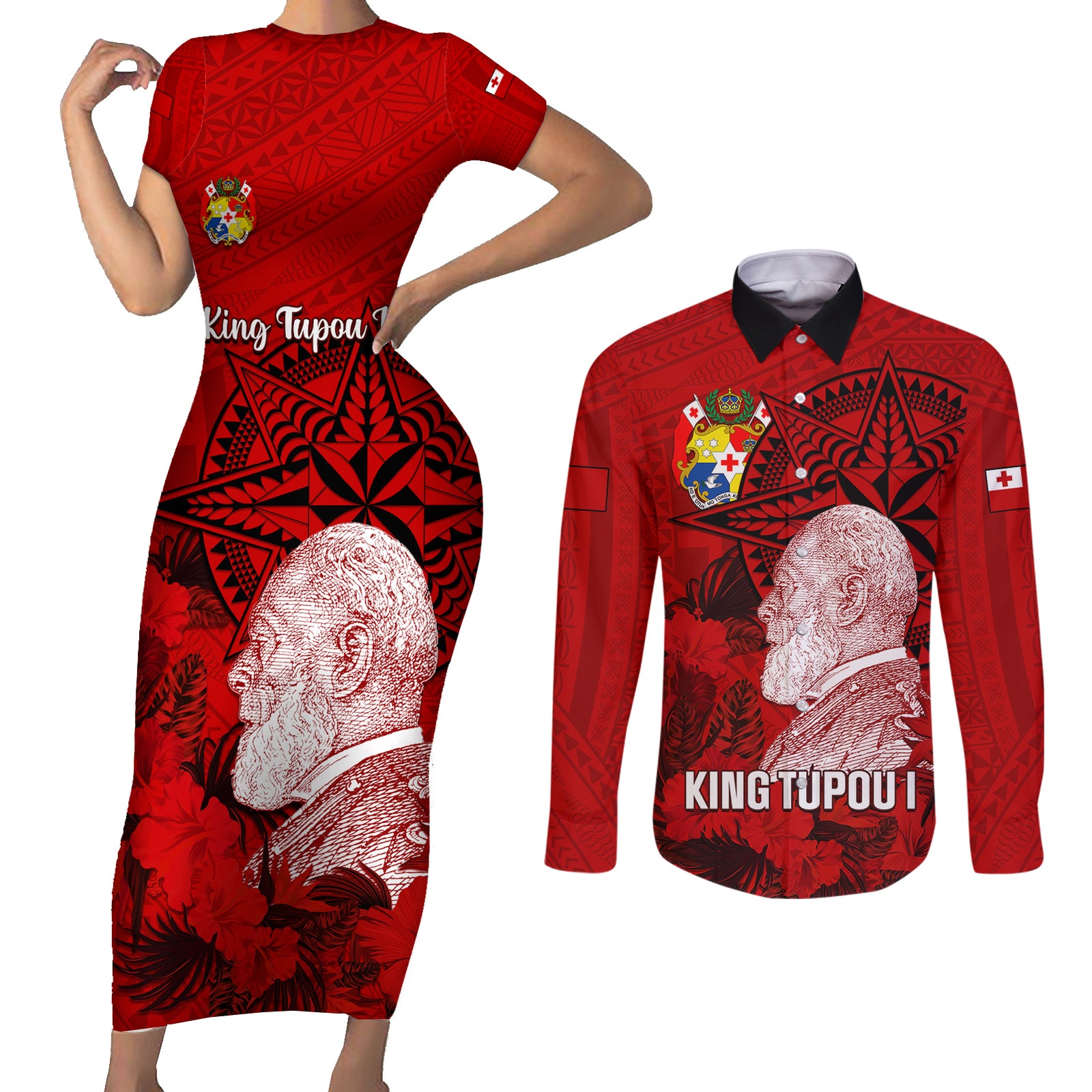 Tonga King Tupou I Day Couples Matching Short Sleeve Bodycon Dress and Long Sleeve Button Shirts Tropical Flowers With Ngatu Pattern LT05 Red - Polynesian Pride