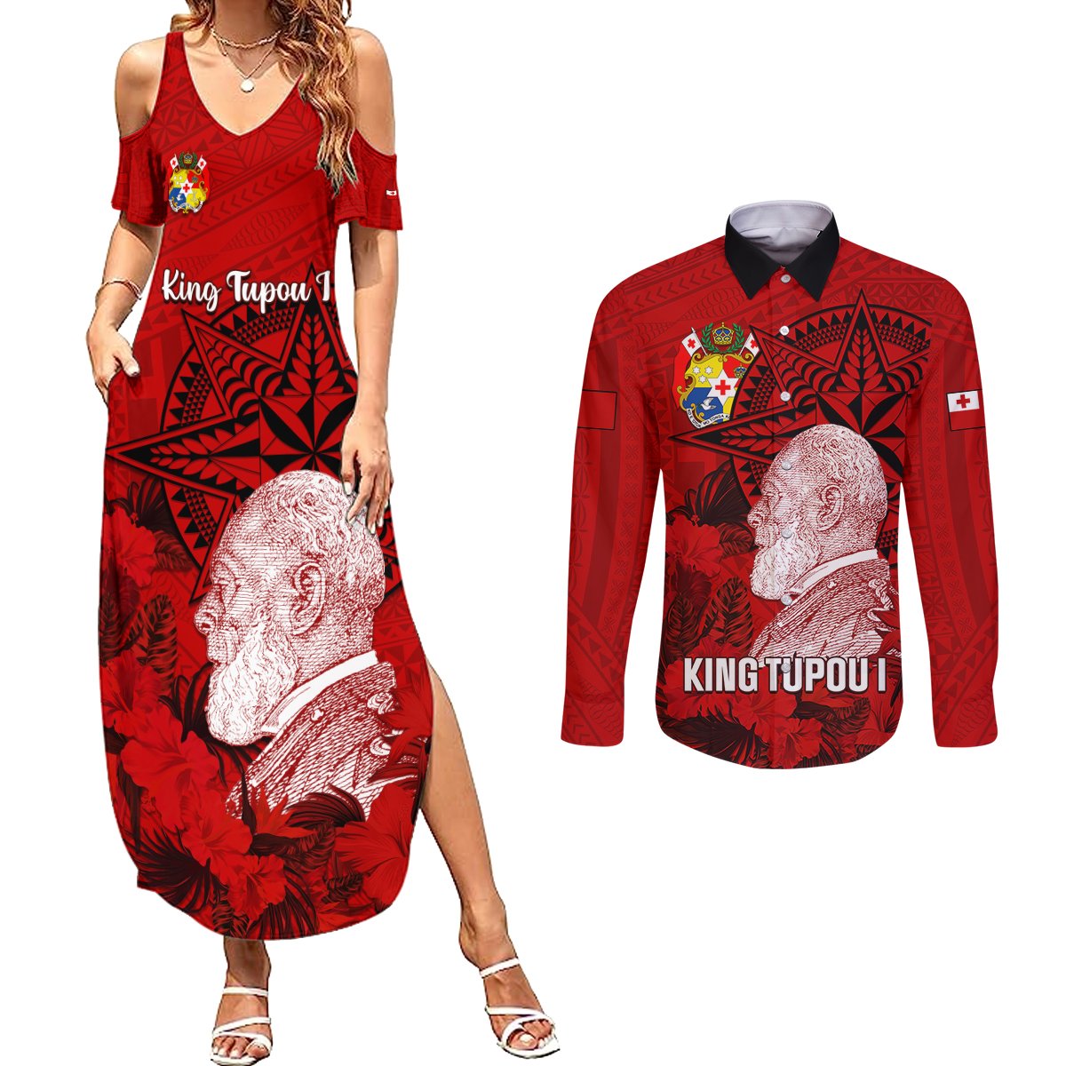 Tonga King Tupou I Day Couples Matching Summer Maxi Dress and Long Sleeve Button Shirts Tropical Flowers With Ngatu Pattern LT05 Red - Polynesian Pride