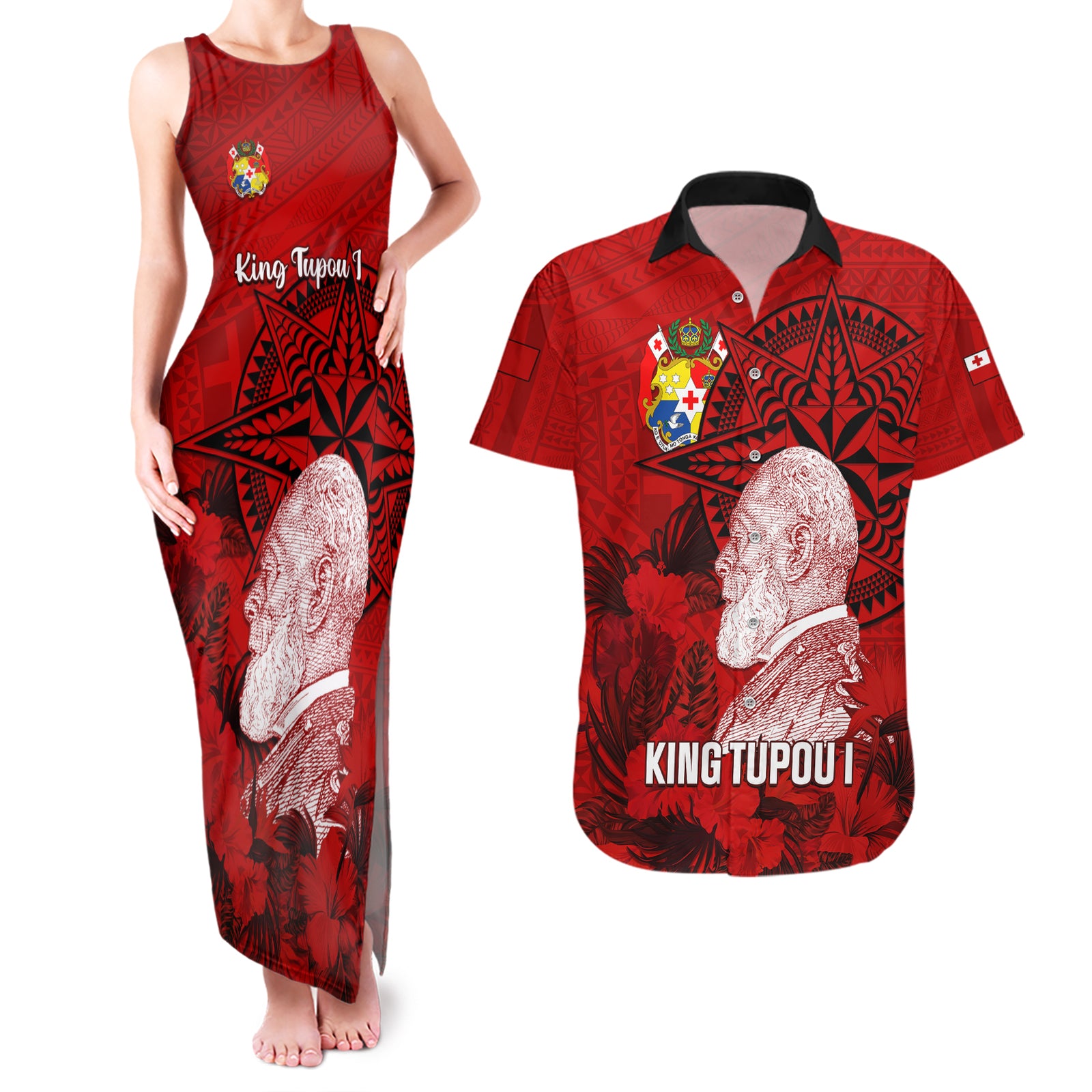 Tonga King Tupou I Day Couples Matching Tank Maxi Dress and Hawaiian Shirt Tropical Flowers With Ngatu Pattern LT05 Red - Polynesian Pride