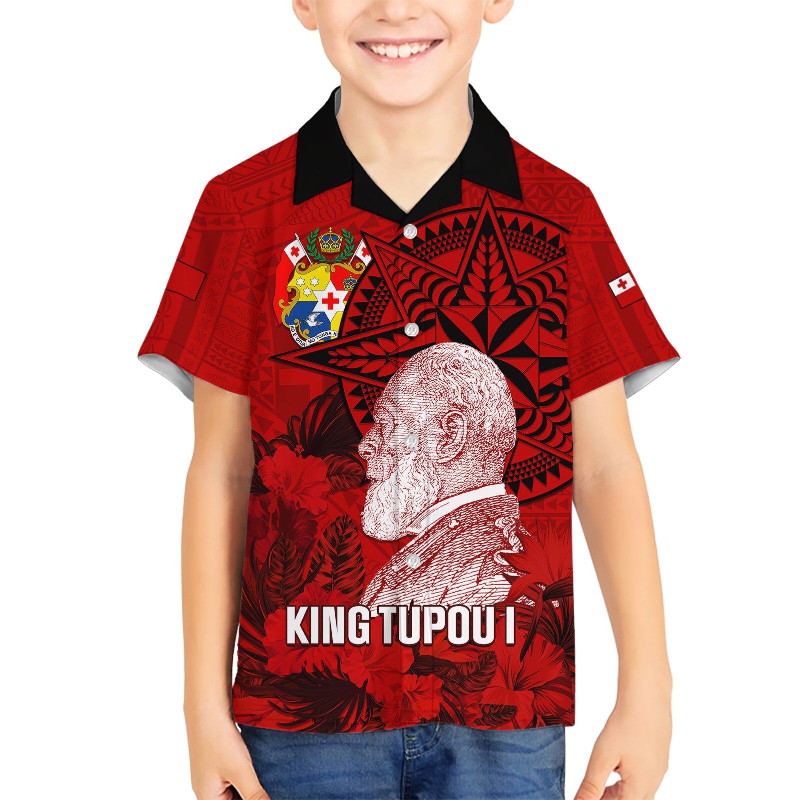 tonga-king-tupou-i-day-kid-hawaiian-shirt-tropical-flowers-with-ngatu-pattern