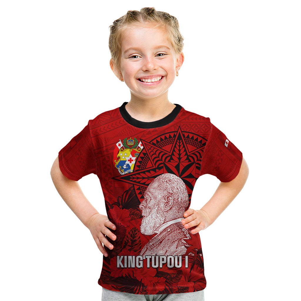 Tonga King Tupou I Day Kid T Shirt Tropical Flowers With Ngatu Pattern LT05 Red - Polynesian Pride