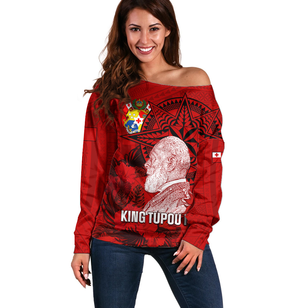 Tonga King Tupou I Day Off Shoulder Sweater Tropical Flowers With Ngatu Pattern LT05 Women Red - Polynesian Pride