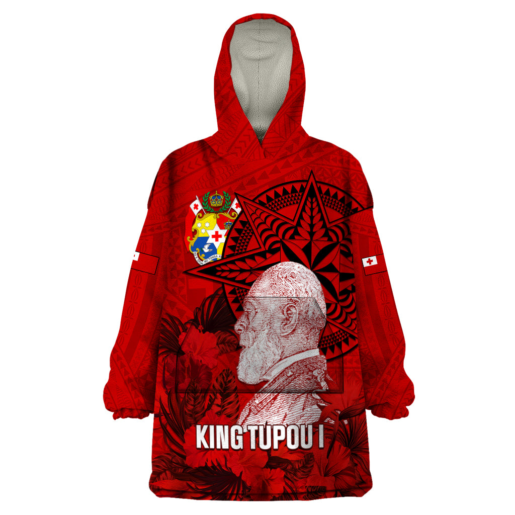 Tonga King Tupou I Day Wearable Blanket Hoodie Tropical Flowers With Ngatu Pattern LT05 One Size Red - Polynesian Pride