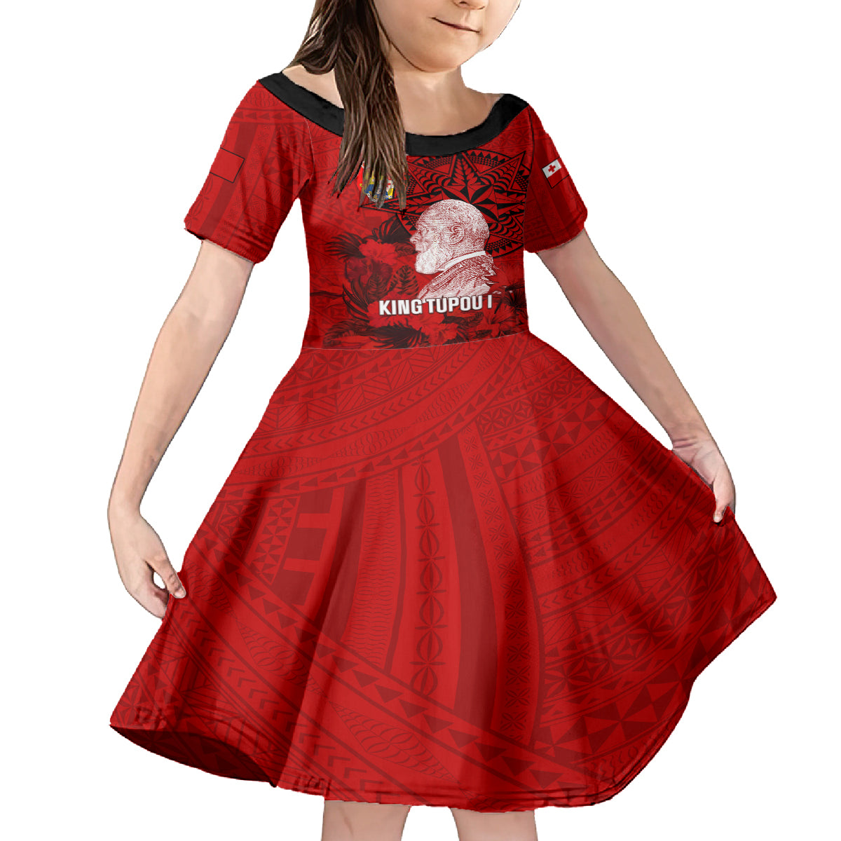 personalized-tonga-king-tupou-i-day-kid-short-sleeve-dress-tropical-flowers-with-ngatu-pattern