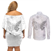 Lung Cancer Awareness Couples Matching Off Shoulder Short Dress and Long Sleeve Button Shirt Never Give Up Polynesian Style LT05 - Polynesian Pride