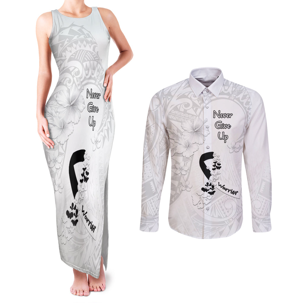 Lung Cancer Awareness Couples Matching Tank Maxi Dress and Long Sleeve Button Shirt Never Give Up Polynesian Style LT05 White - Polynesian Pride