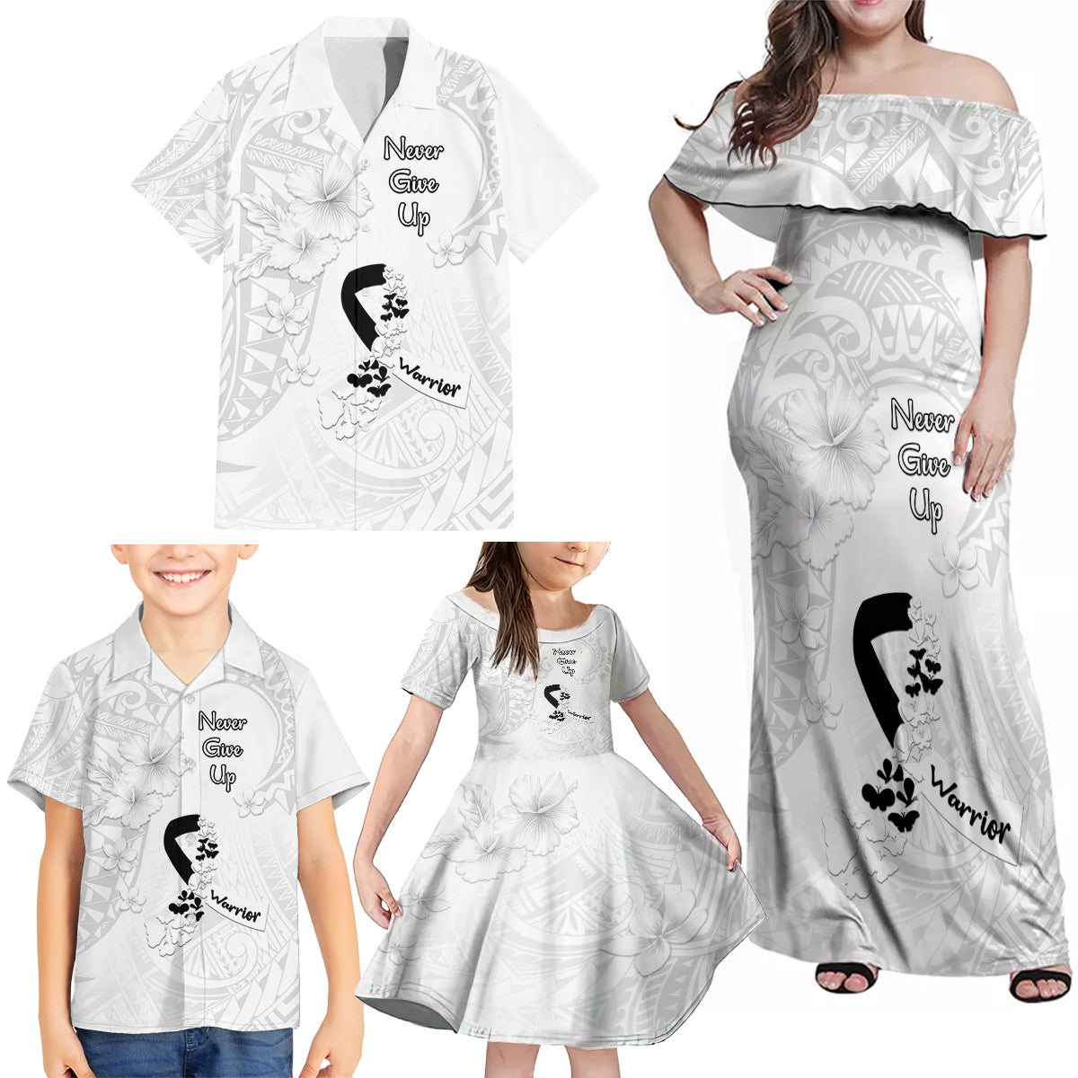 Lung Cancer Awareness Family Matching Off Shoulder Maxi Dress and Hawaiian Shirt Never Give Up Polynesian Style LT05 - Polynesian Pride