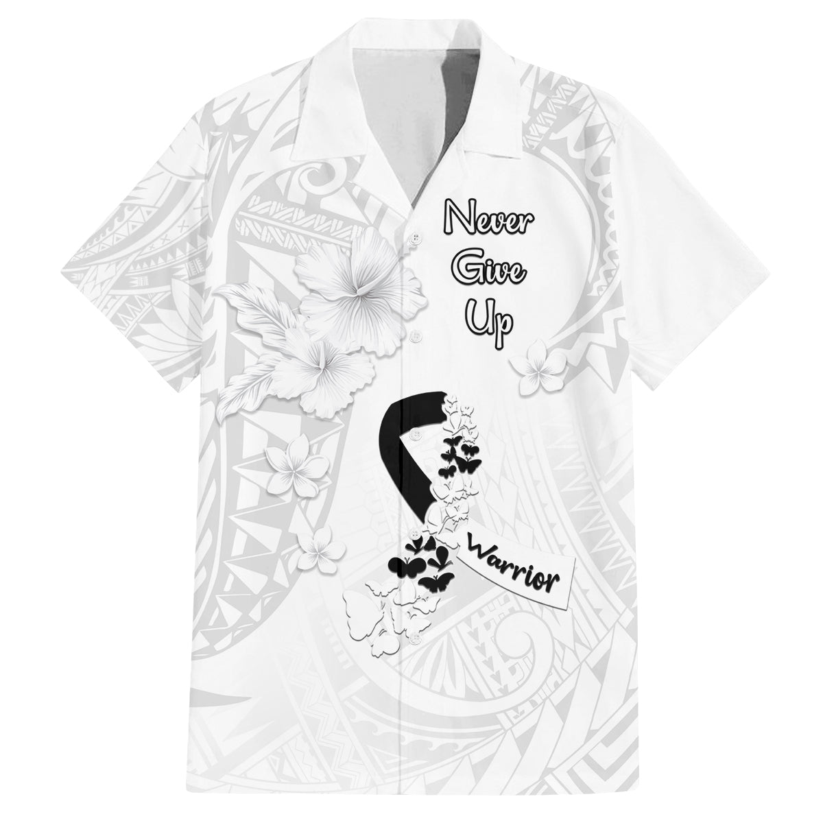 Lung Cancer Awareness Family Matching Off Shoulder Short Dress and Hawaiian Shirt Never Give Up Polynesian Style LT05 Dad's Shirt - Short Sleeve White - Polynesian Pride