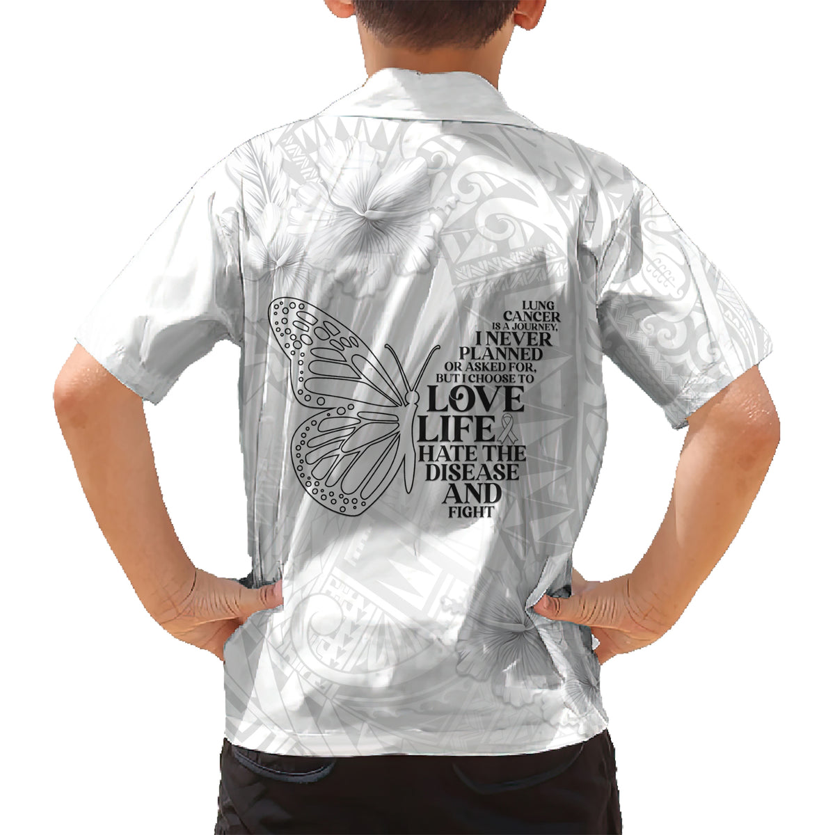 Lung Cancer Awareness Kid Hawaiian Shirt Never Give Up Polynesian Style LT05 - Polynesian Pride