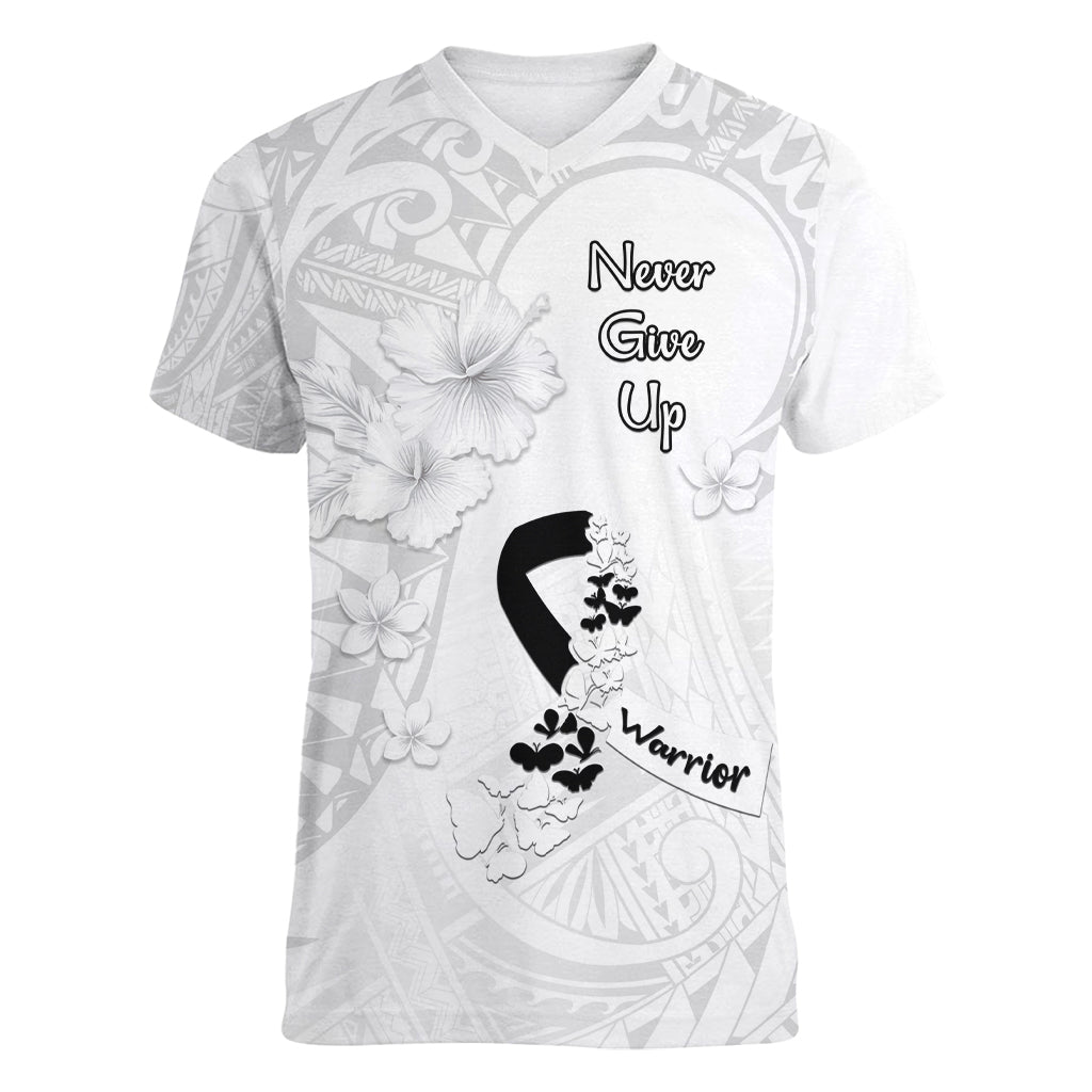 Lung Cancer Awareness Women V Neck T Shirt Never Give Up Polynesian Style LT05 Female White - Polynesian Pride