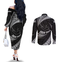 Personalised New Zealand Bungy Jumping Couples Matching Off The Shoulder Long Sleeve Dress and Long Sleeve Button Shirt Maori Pattern LT05 - Polynesian Pride