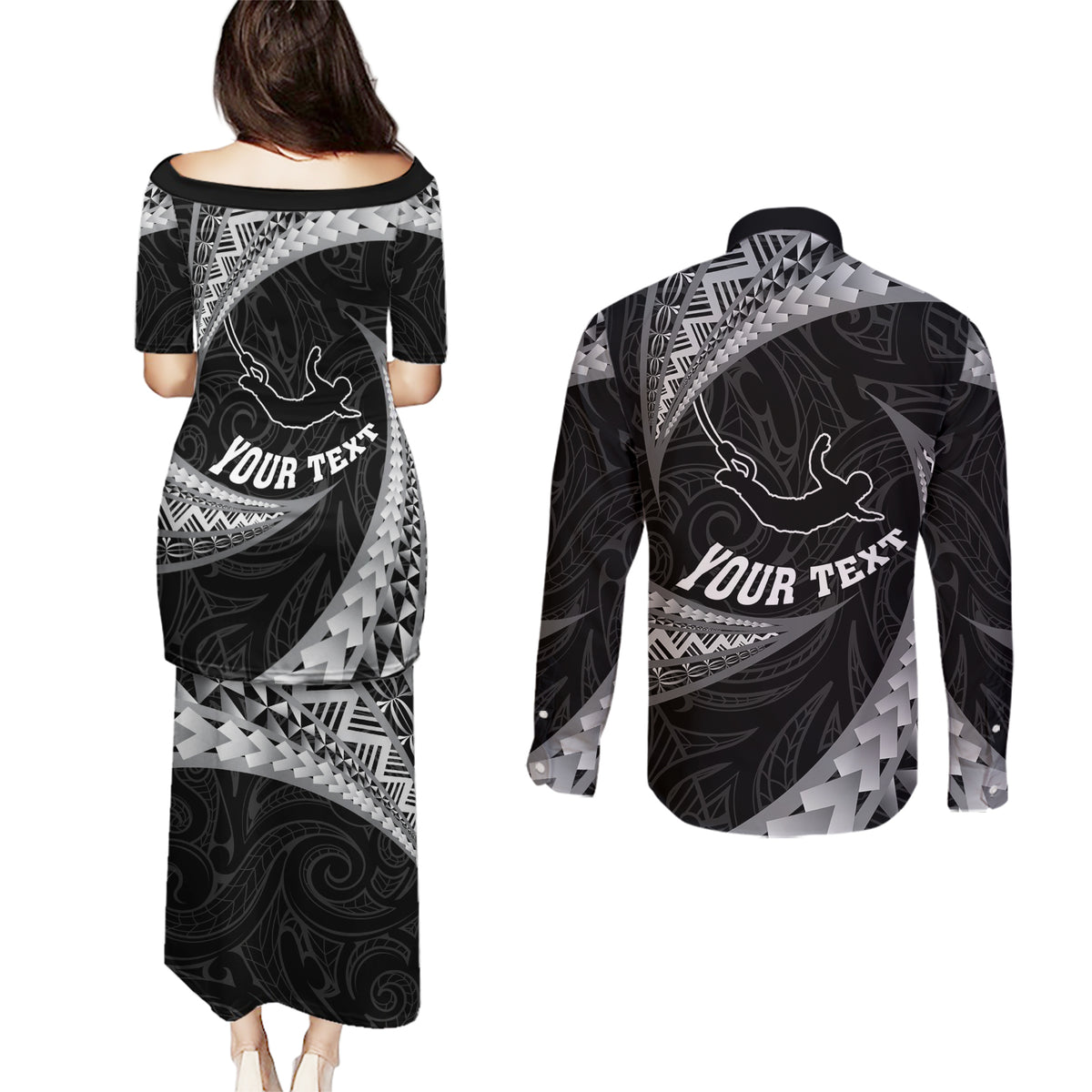 Personalised New Zealand Bungy Jumping Couples Matching Puletasi Dress and Long Sleeve Button Shirt Maori Pattern LT05 - Polynesian Pride