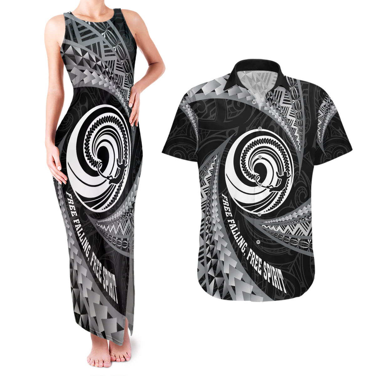 Personalised New Zealand Bungy Jumping Couples Matching Tank Maxi Dress and Hawaiian Shirt Maori Pattern LT05 Black - Polynesian Pride