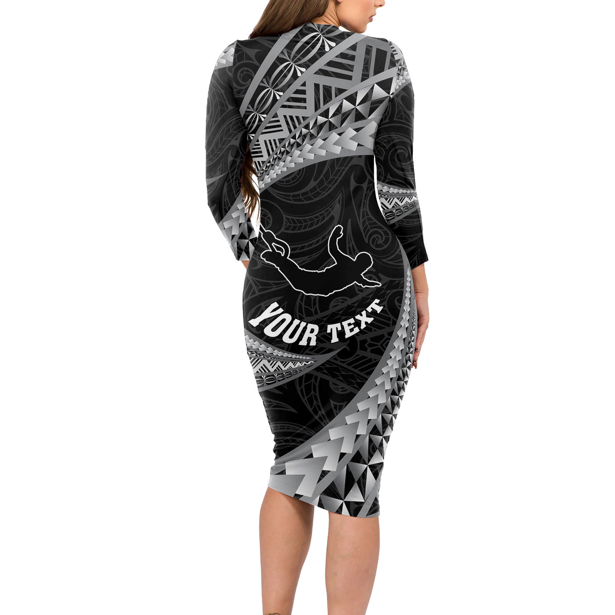 Personalised New Zealand Bungy Jumping Long Sleeve Bodycon Dress Maori Pattern LT05 - Polynesian Pride