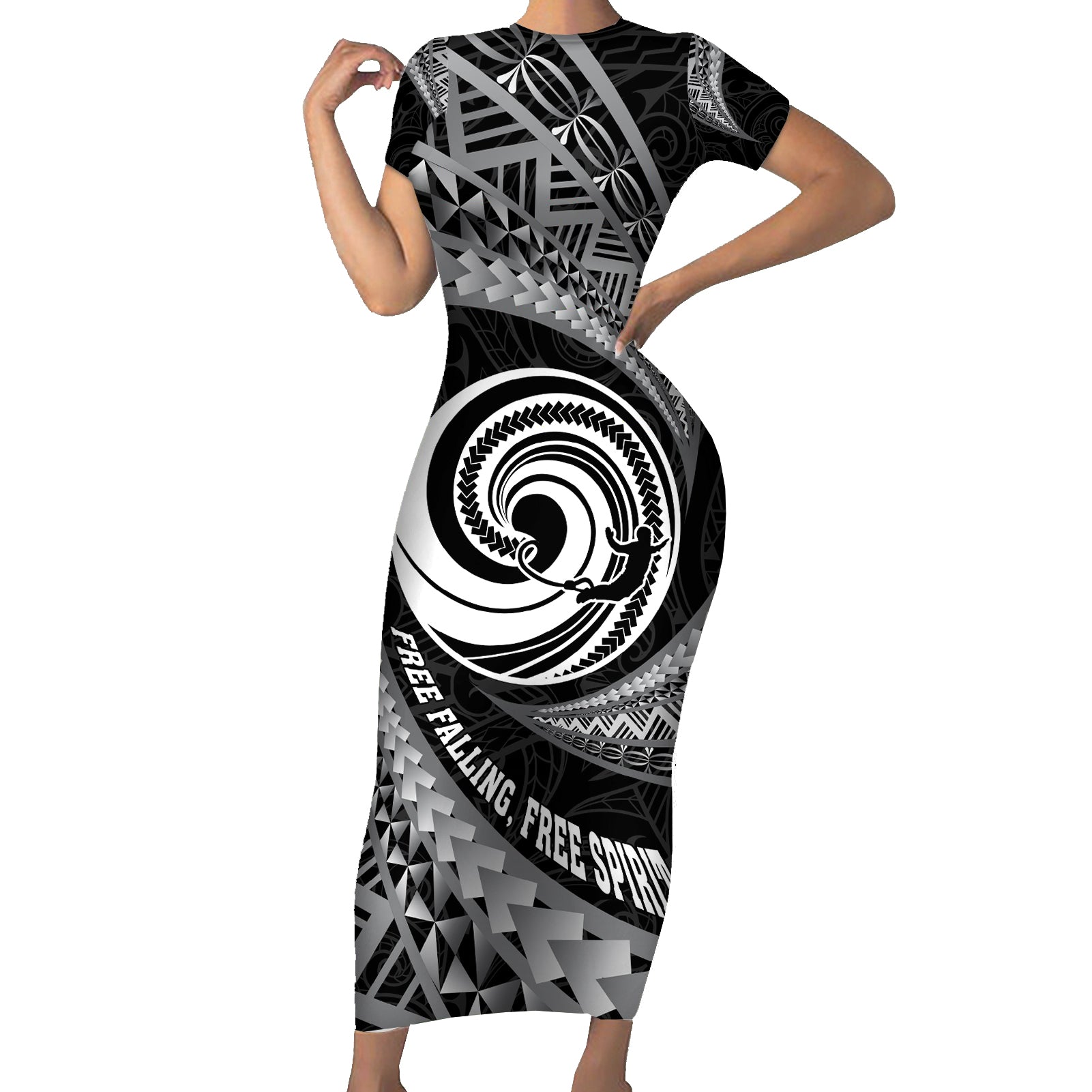 Personalised New Zealand Bungy Jumping Short Sleeve Bodycon Dress Maori Pattern LT05 Long Dress Black - Polynesian Pride