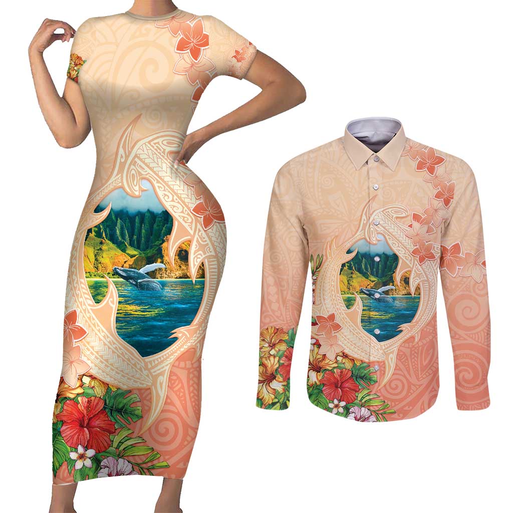 Hawaii Kauai Na Pali Coast Landscape Couples Matching Short Sleeve Bodycon Dress and Long Sleeve Button Shirt LT05 Peach - Polynesian Pride