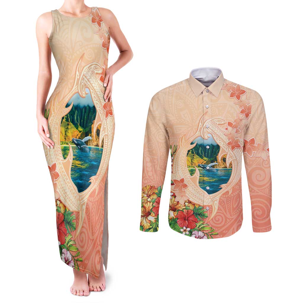 Hawaii Kauai Na Pali Coast Landscape Couples Matching Tank Maxi Dress and Long Sleeve Button Shirt LT05 Peach - Polynesian Pride