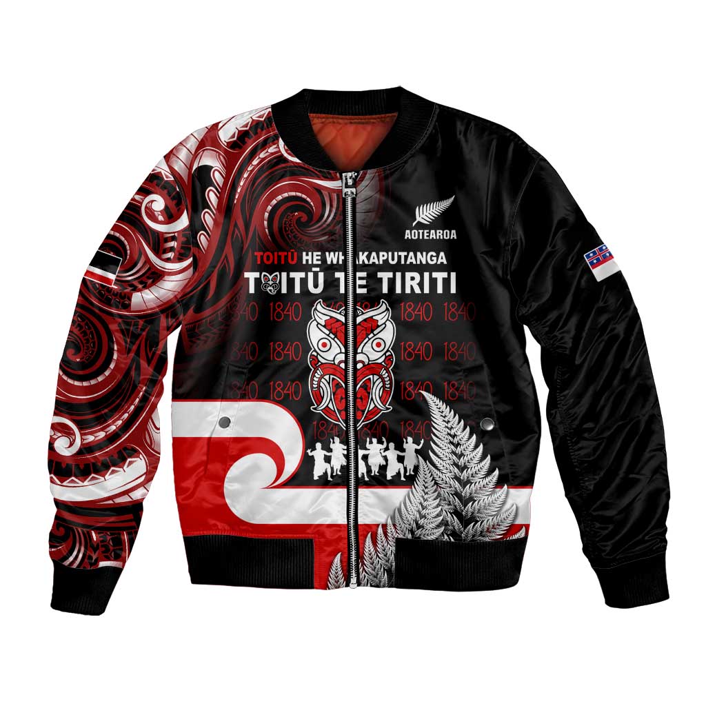 Aotearoa Toitu He Whakaputanga Bomber Jacket Toitu Te Tiriti O Waitangi LT05 Unisex Black - Polynesian Pride