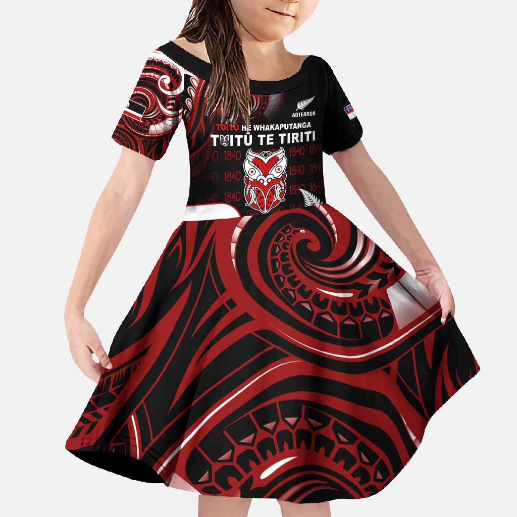 Aotearoa Toitu He Whakaputanga Family Matching Tank Maxi Dress and Hawaiian Shirt Toitu Te Tiriti O Waitangi LT05 Daughter's Dress Black - Polynesian Pride