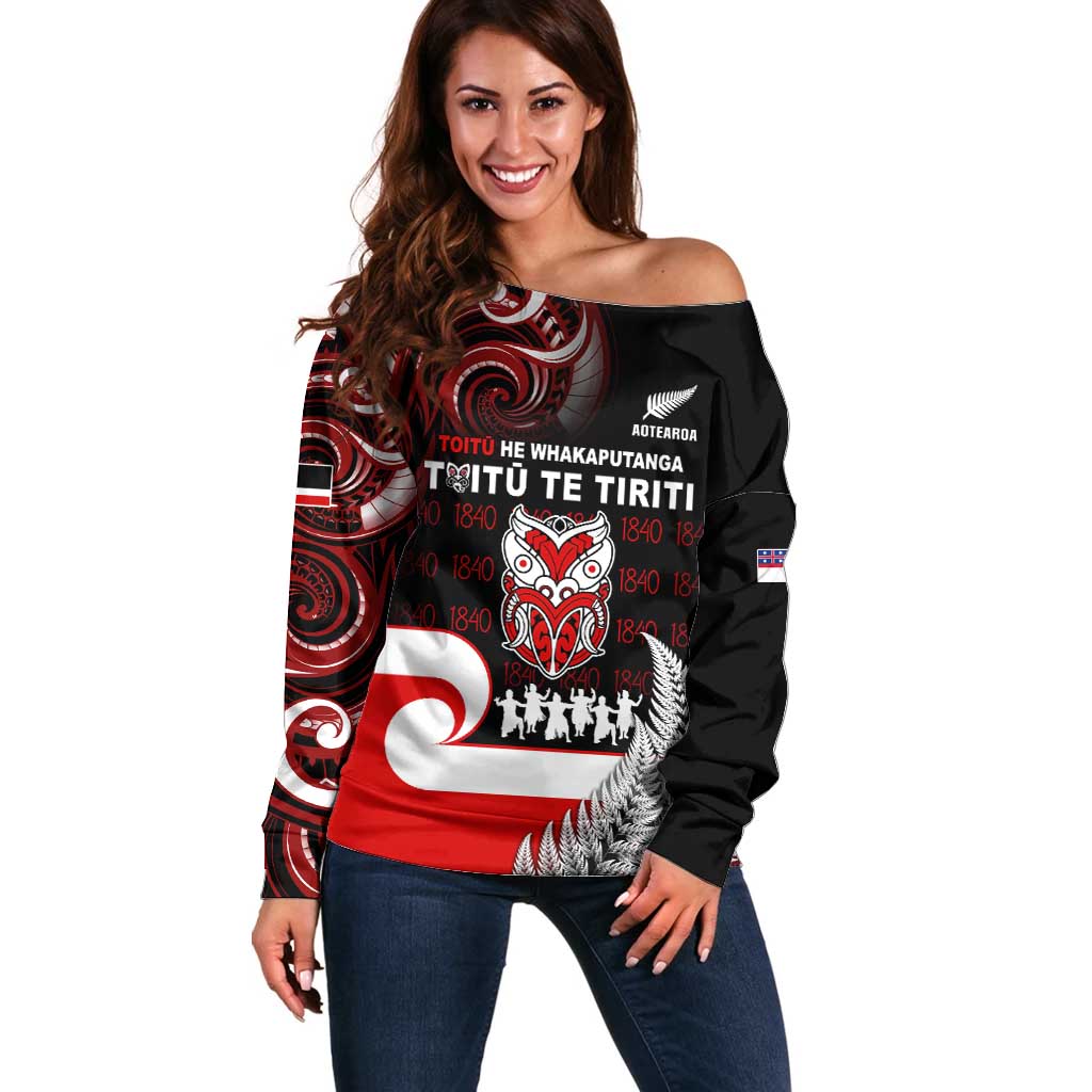Aotearoa Toitu He Whakaputanga Off Shoulder Sweater Toitu Te Tiriti O Waitangi LT05 Women Black - Polynesian Pride