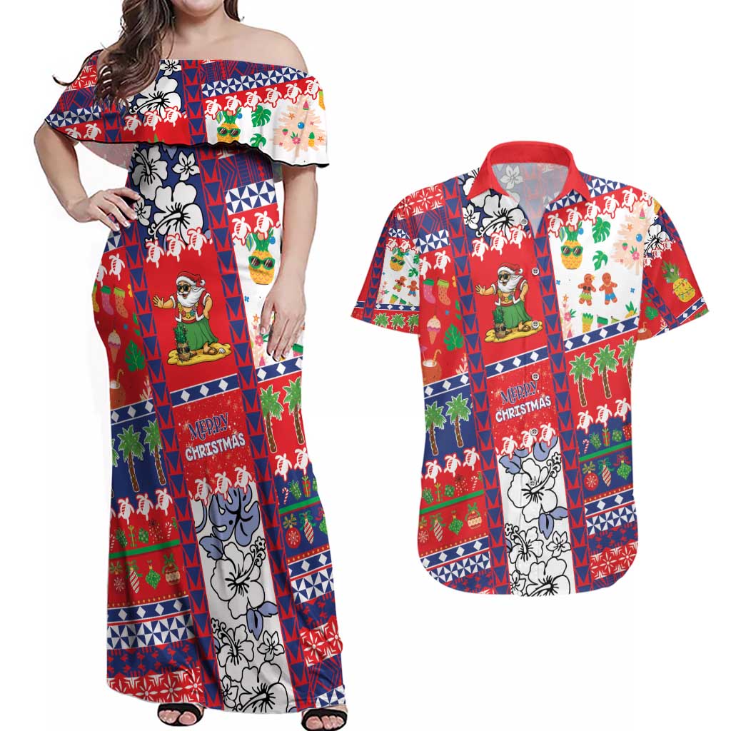 Wallis And Futuna Christmas Couples Matching Off Shoulder Maxi Dress and Hawaiian Shirt Festive Beach Vibes - Polynesian Pride