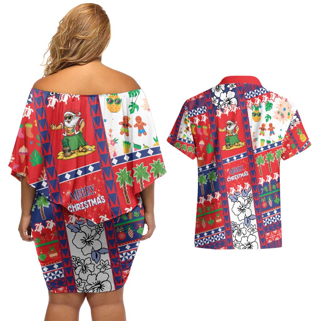 Wallis And Futuna Christmas Couples Matching Off Shoulder Short Dress and Hawaiian Shirt Festive Beach Vibes - Polynesian Pride