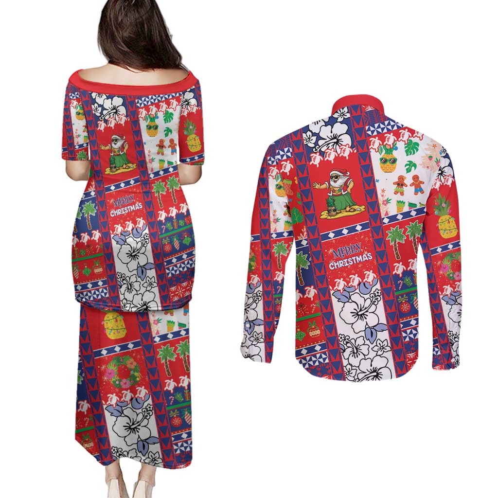 Wallis And Futuna Christmas Couples Matching Puletasi and Long Sleeve Button Shirt Festive Beach Vibes - Polynesian Pride