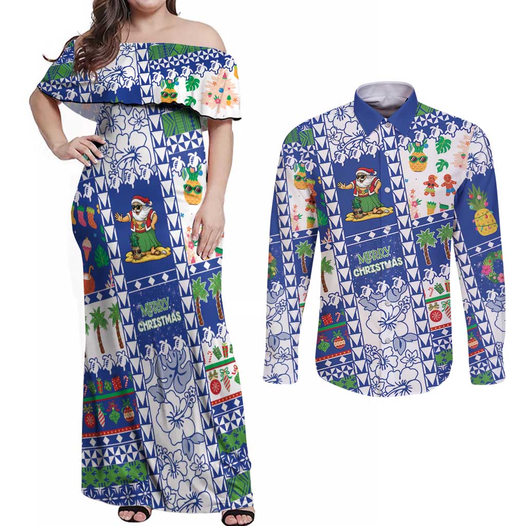 Northern Mariana Islands Christmas Couples Matching Off Shoulder Maxi Dress and Long Sleeve Button Shirt Festive Beach Vibes - Polynesian Pride