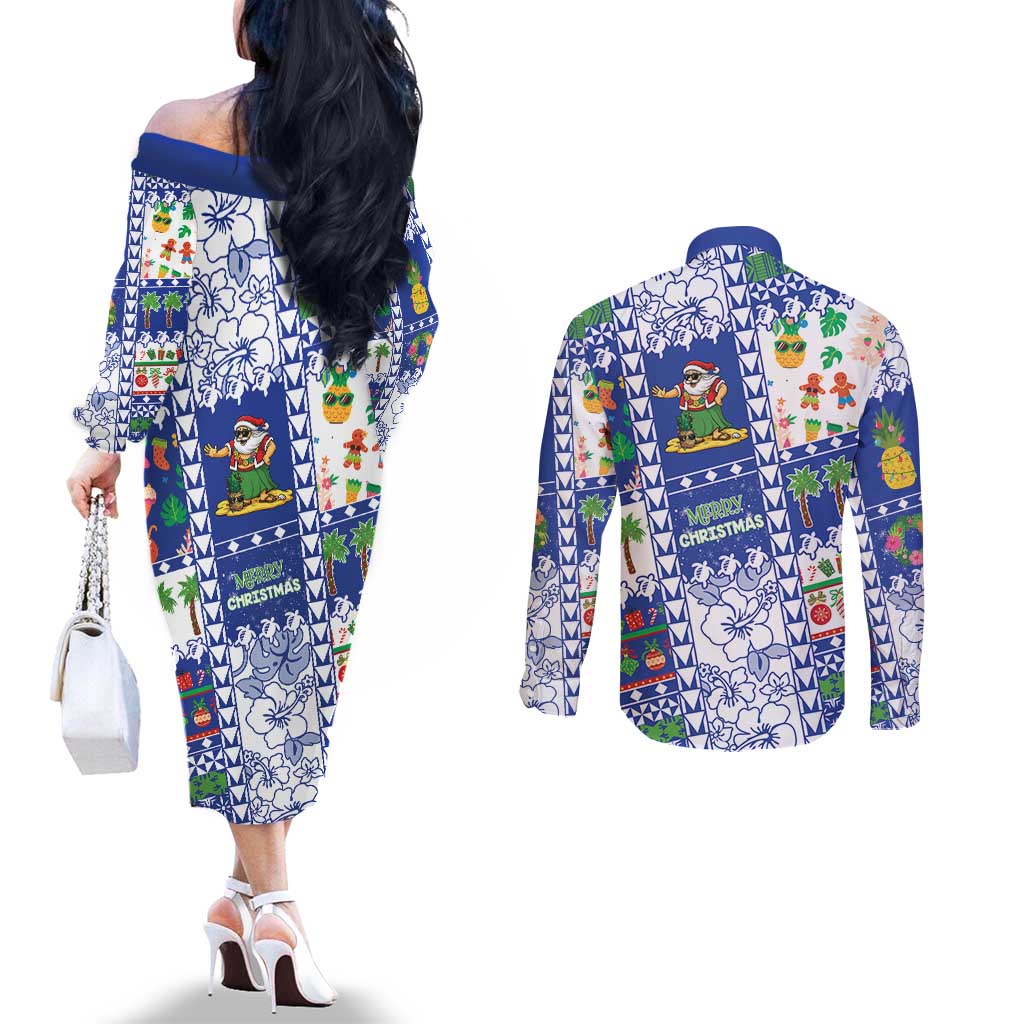 Northern Mariana Islands Christmas Couples Matching Off The Shoulder Long Sleeve Dress and Long Sleeve Button Shirt Festive Beach Vibes - Polynesian Pride