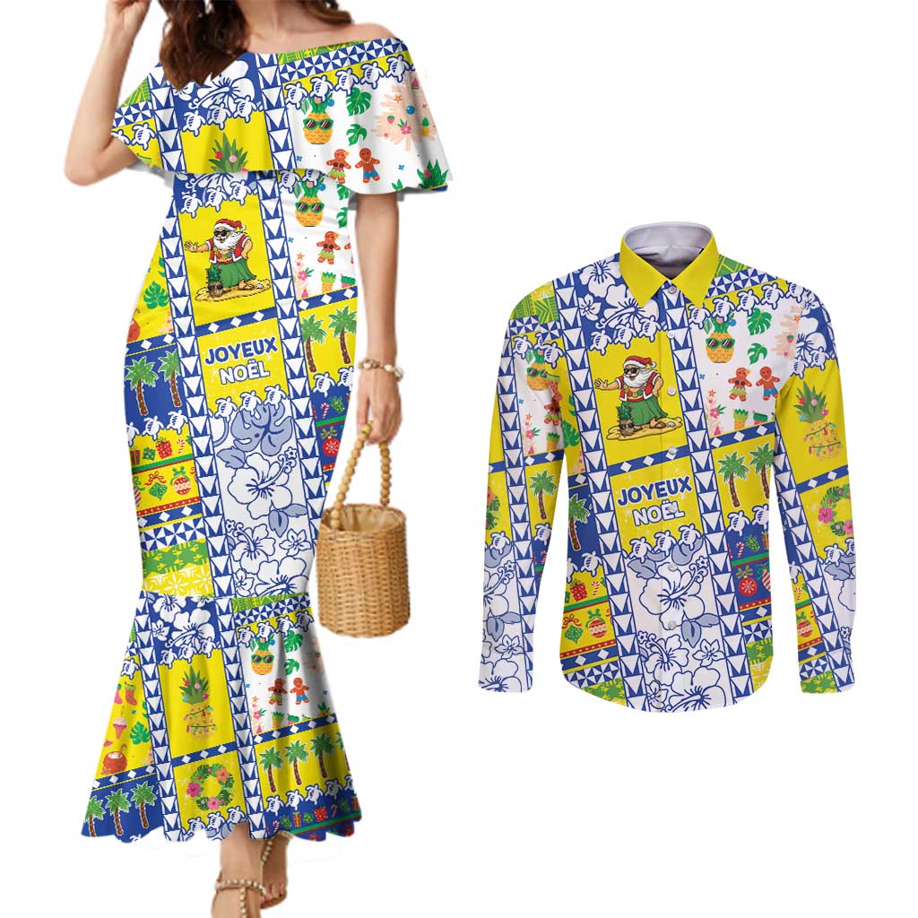 New Caledonia Christmas Couples Matching Mermaid Dress and Long Sleeve Button Shirt Festive Beach Vibes - Polynesian Pride